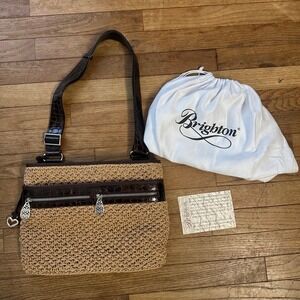 Brighton Straw Crossbody Bag Brown Faux Croc Leather Trim Heart Accents Boho Y2K